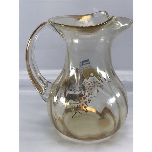 VTG Floral Painted Yellow Glass Pitcher Gold Trim 7.25" - Picture 4 of 12